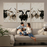 12027562-MGV-FC-60X30-3P_Natural-Longhorn Cattle Wall Art Canvas Print, Framed Bison Herd Art Picture Print, Cattle Group Perfect Rustic Farmhouse Decor Artwork