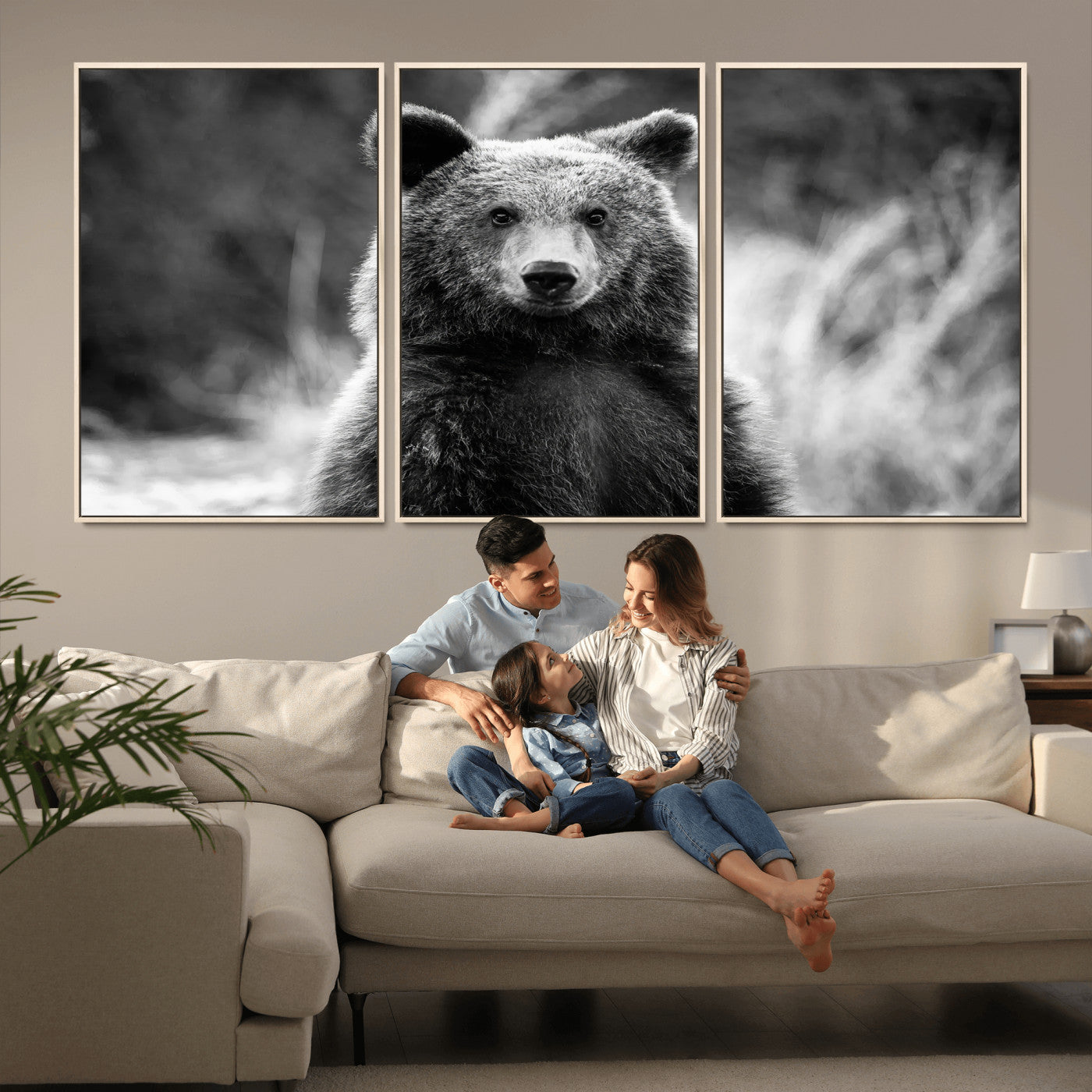 MGV-FC-60X30-3P - Grizzly Bear Wall Art Canvas Print, Framed Black White Bear Art Picture Print, Wild Bear Perfect Rustic Wildlife Decor Artwork