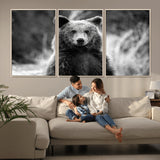 MGV-FC-60X30-3P - Grizzly Bear Wall Art Canvas Print, Framed Black White Bear Art Picture Print, Wild Bear Perfect Rustic Wildlife Decor Artwork