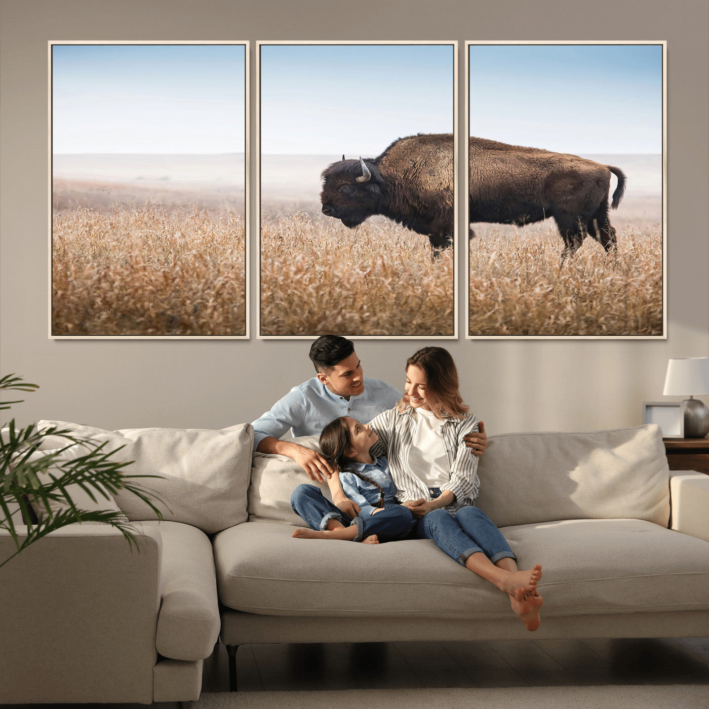 91267849-MGV-CV-36X24-Wild Bison Wall Art Canvas Print, Framed Bison in Prairie Art Picture Print, Rustic Western Perfect Rustic Western Decor Artwork