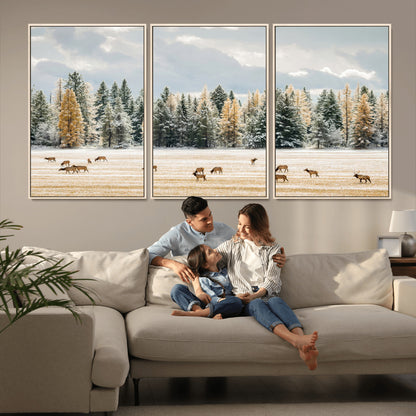 64188182-MGV-CV-36X24-Elk Herd Wall Art Canvas Print, Framed Snowy Forest Art Picture Print, Forest Elks Perfect Neutral Rustic Decor Artwork
