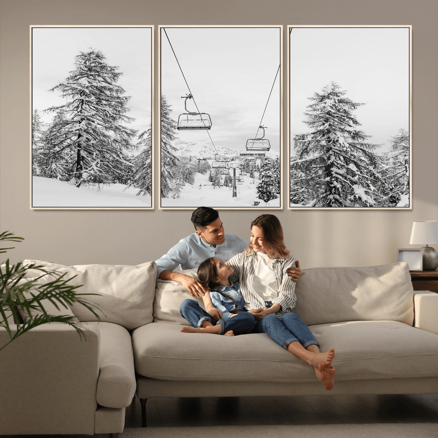 55003599-MGV-CV-36X24-Snowy Ski Lift Wall Art Canvas Print, Framed Winter Forest Art Picture Print, Ski lift Ride Perfect Winter Lodge Decor Artwork