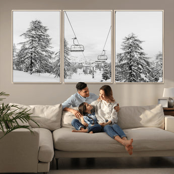 55003599-MGV-CV-36X24-Snowy Ski Lift Wall Art Canvas Print, Framed Winter Forest Art Picture Print, Ski lift Ride Perfect Winter Lodge Decor Artwork