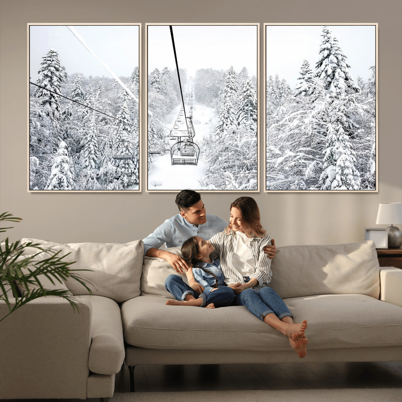 60296839-MGV-CV-36X24-Snowy Mountains Wall Art Canvas Print, Framed Ski Lift Art Picture Print, Winter Forest Perfect Winter Minimalist Decor Artwork