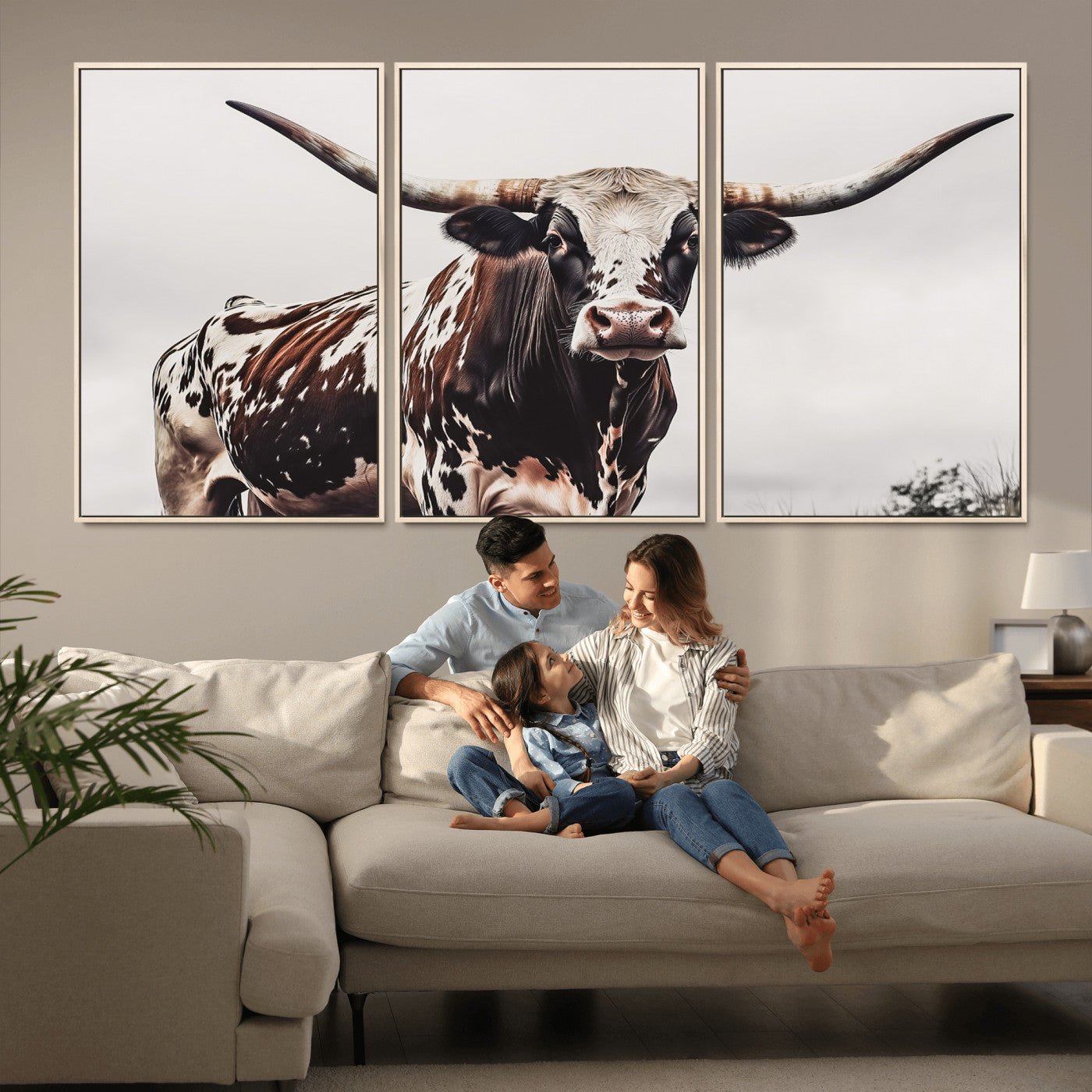 95249234-MGV-CV-36X24-Texas Longhorn Wall Art Canvas Print, Framed Spotted Bull Art Picture Print, Horned Cattle Perfect Rustic Farmhouse Decor Artwork