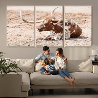 91248682-MGV-CV-36X24-Texas Longhorn Wall Art Canvas Print, Framed Resting Bull Art Picture Print, Spotted Cattle Perfect Rustic Western Decor Artwork