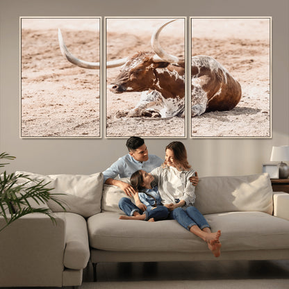 91248682-MGV-CV-36X24-Texas Longhorn Wall Art Canvas Print, Framed Resting Bull Art Picture Print, Spotted Cattle Perfect Rustic Western Decor Artwork