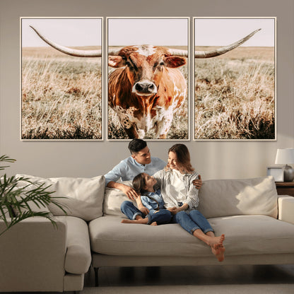 54986862-MGV-FC-60X30-3P_Natural-Majestic Longhorn Wall Art – Canvas Print of Graceful Strength & Bold Spirit, Wild Plains Beauty Nature Inspired Rustic Decor for