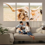 21060648-MGV-FC-60X30-3P_Natural-Texas Longhorn Wall Art Canvas Print, Framed Speckled Cow Art Picture Print, Rustic Bull Perfect Rustic Western Decor Artwork