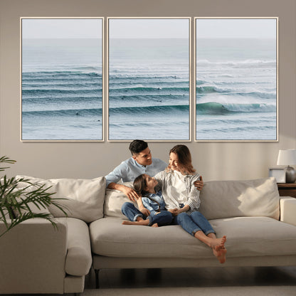 73969318-MGV-FC-60X30-3P_Natural-Ocean Waves Wall Art Canvas Print, Framed Surfer Lineup Art Picture Print, Crowded Ocean Perfect Minimal Coastal Decor Artwork