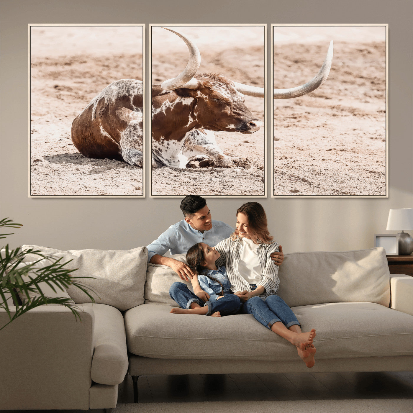 25407592-MGV-FC-60X30-3P_Natural-Texas Longhorn Wall Art Canvas Print, Framed Resting Bull Art Picture Print, Spotted Cattle Perfect Rustic Western Decor Artwork