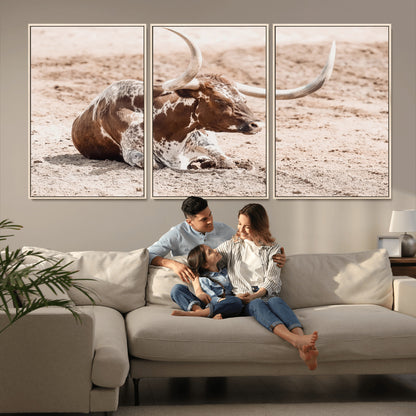 25407592-MGV-FC-60X30-3P_Natural-Texas Longhorn Wall Art Canvas Print, Framed Resting Bull Art Picture Print, Spotted Cattle Perfect Rustic Western Decor Artwork