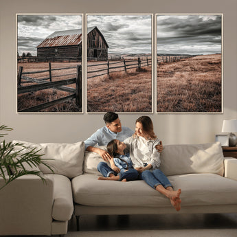 73898372-MGV-FC-60X30-3P_Natural-Rustic Barn Wall Art Canvas Print, Framed Moody Field Art Picture Print, Weathered Fence Perfect Moody Farmhouse Decor Artwork