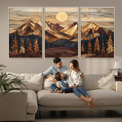 39116082-MGV-FC-60X30-3P_Natural-Wood Mountain Landscape Wall Art Canvas Print, Framed Sunset Hills Art Picture Print, Abstract Nature Perfect Boho Decor Artwork