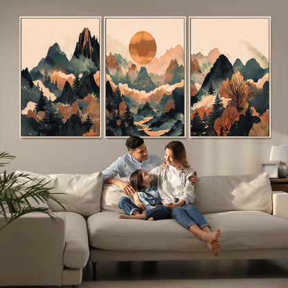 13012770-MGV-CV-36X24-Mountain Landscape Wall Art – Modern Nature Canvas Print with Sun, Misty Peaks, and Forest in Orange and Green Tones for Living