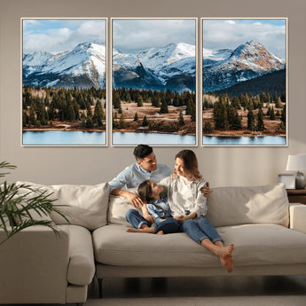 36247746-MGV-FC-60X30-3P_Natural-Snowy Peaks Wall Art Canvas Print, Framed Alpine Lake Art Picture Print, Pine Forest Perfect Alpine Wilderness Decor Artwork
