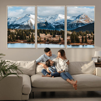 36247746-MGV-FC-60X30-3P_Natural-Snowy Peaks Wall Art Canvas Print, Framed Alpine Lake Art Picture Print, Pine Forest Perfect Alpine Wilderness Decor Artwork