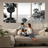 89458520-MGV-FC-60X30-3P_Natural-Palm Trees Wall Art Canvas Print, Framed Coastal View Art Picture Print, Ocean Horizon Perfect Monochrome Coast Decor Artwork