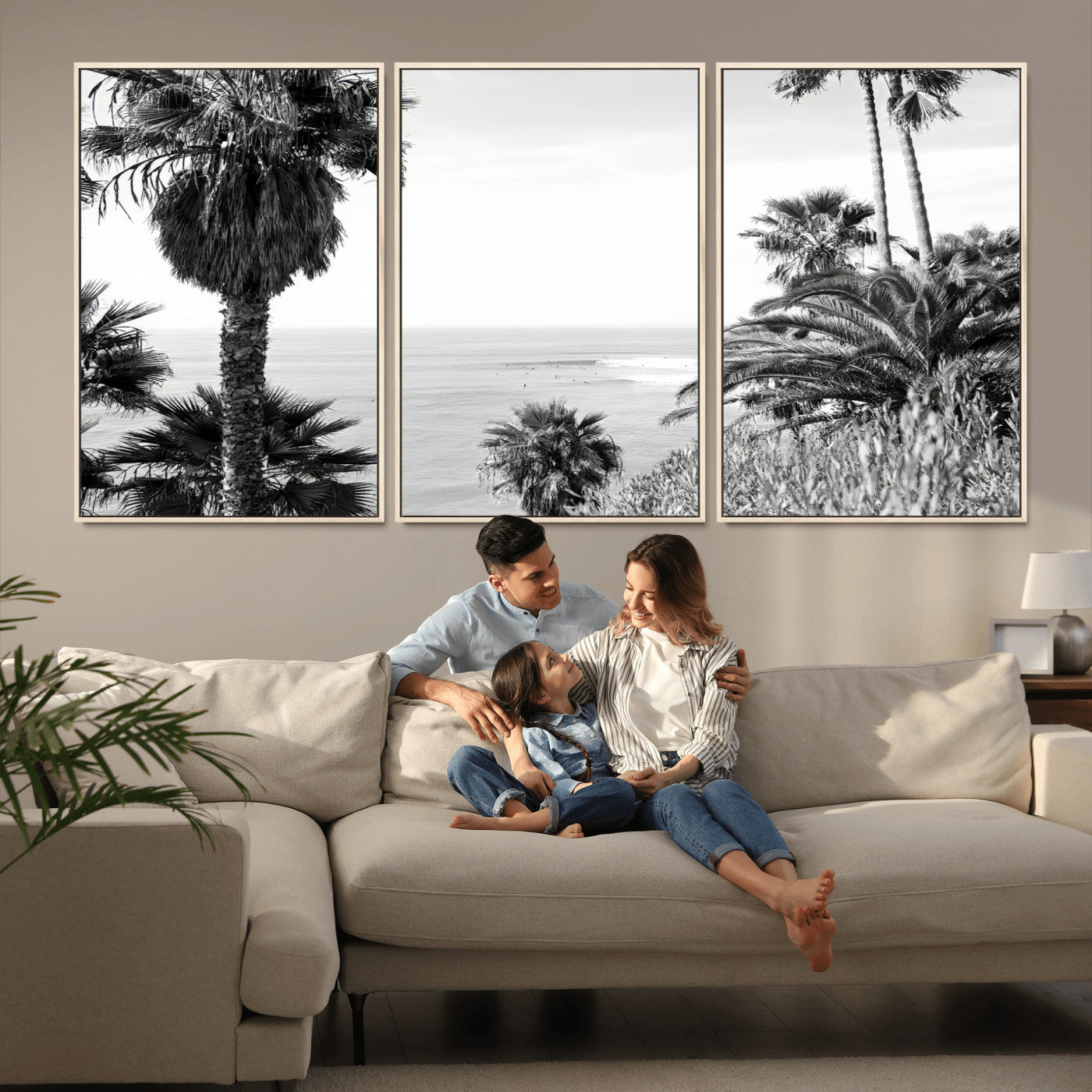 89458520-MGV-CV-36X24-Palm Trees Wall Art Canvas Print, Framed Coastal View Art Picture Print, Ocean Horizon Perfect Monochrome Coast Decor Artwork