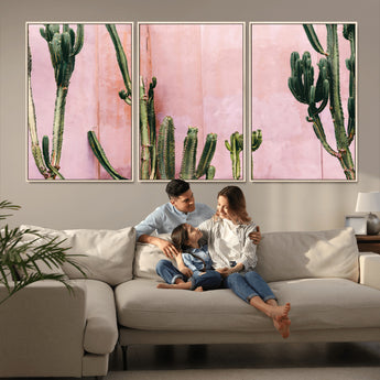 93119502-MGV-FC-60X30-3P_Natural-Tall Cactus Wall Art Canvas Print, Framed Pink Wall Art Picture Print, Cactus Lines Perfect Modern Desert Decor Artwork