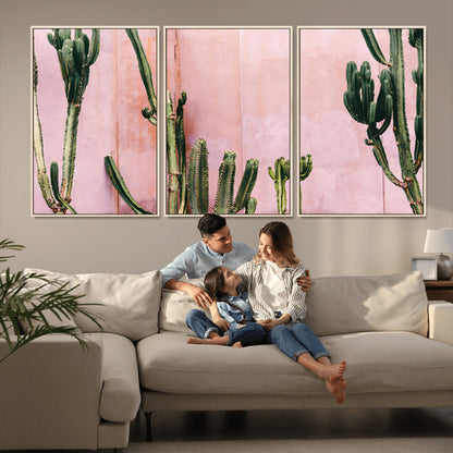 93119502-MGV-FC-60X30-3P_Natural-Tall Cactus Wall Art Canvas Print, Framed Pink Wall Art Picture Print, Cactus Lines Perfect Modern Desert Decor Artwork