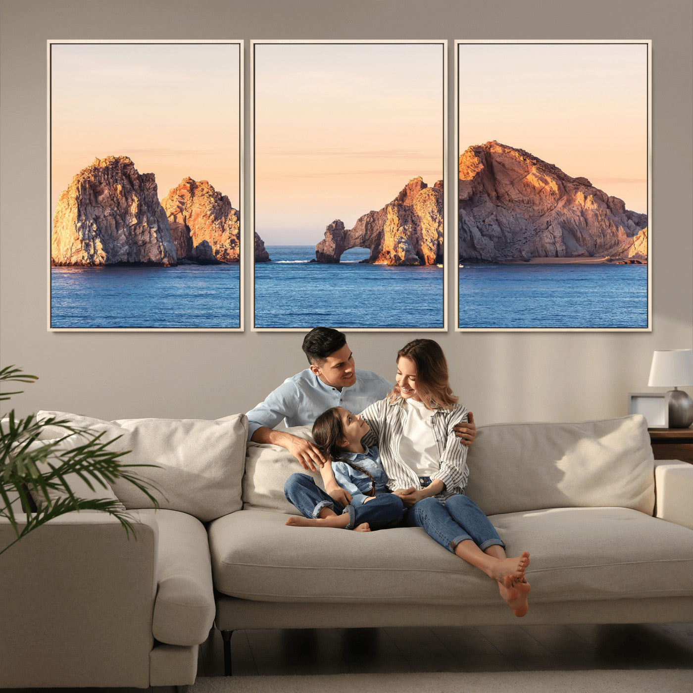 72996116-MGV-FC-60X30-3P_Natural-El Arco Wall Art Canvas Print, Framed Cabo Rocks Art Picture Print, Ocean Arch Perfect Golden Coastal Landmark Decor Artwork
