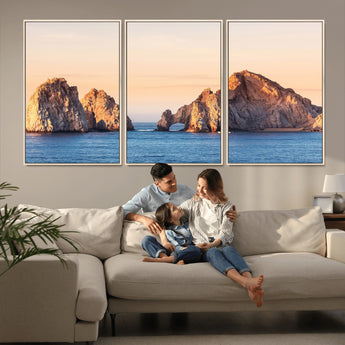 72996116-MGV-FC-60X30-3P_Natural-El Arco Wall Art Canvas Print, Framed Cabo Rocks Art Picture Print, Ocean Arch Perfect Golden Coastal Landmark Decor Artwork