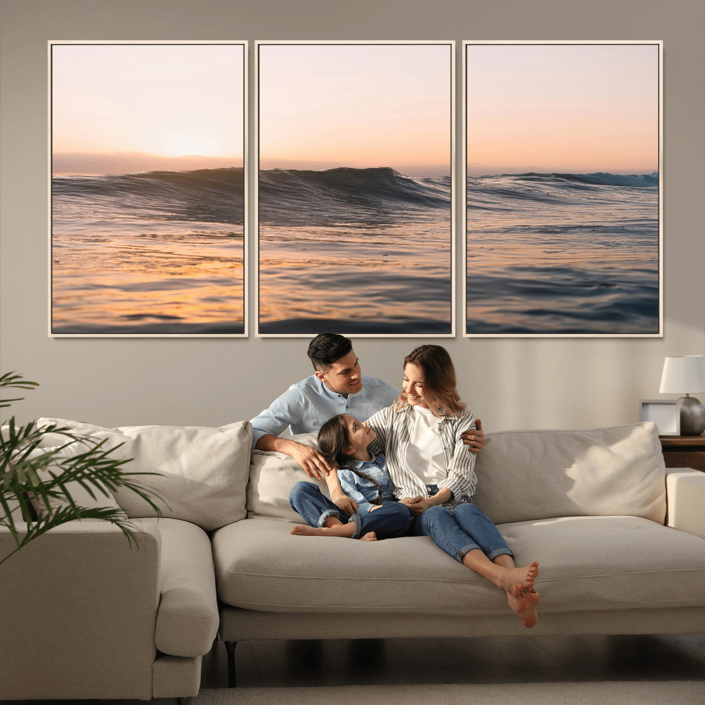 46299358-MGV-FC-60X30-3P_Natural-Sunset Waves Wall Art Canvas Print, Framed Ocean Horizon Art Picture Print, Golden Water Perfect Golden Hour Coastal Decor Artwork