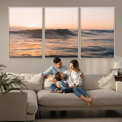 46299358-MGV-FC-60X30-3P_Natural-Sunset Waves Wall Art Canvas Print, Framed Ocean Horizon Art Picture Print, Golden Water Perfect Golden Hour Coastal Decor Artwork