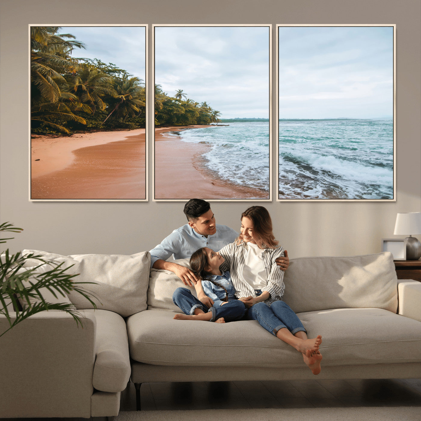 88125882-MGV-FC-60X30-3P_Natural-Tropical Shoreline Wall Art Canvas Print, Framed Palm Trees Art Picture Print, Tropical Ocean Perfect Tropical Coastal Decor