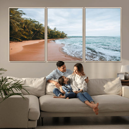 88125882-MGV-FC-60X30-3P_Natural-Tropical Shoreline Wall Art Canvas Print, Framed Palm Trees Art Picture Print, Tropical Ocean Perfect Tropical Coastal Decor