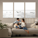 33449548-MGV-FC-60X30-3P_Natural-Group Surfers Wall Art Canvas Print, Framed Ocean Wave Art Picture Print, Surf Crowd Perfect Monochrome Surf Decor Artwork