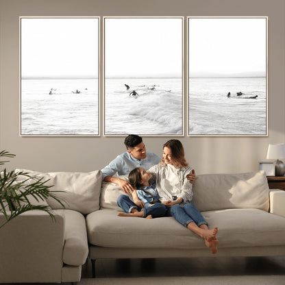 33449548-MGV-FC-60X30-3P_Natural-Group Surfers Wall Art Canvas Print, Framed Ocean Wave Art Picture Print, Surf Crowd Perfect Monochrome Surf Decor Artwork