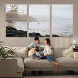 62501405-MGV-FC-60X30-3P_Natural-Misty Beach Wall Art Canvas Print, Framed California Surfer Art Picture Print, Coastal Cliff Perfect Coastal Beach Decor Artwork