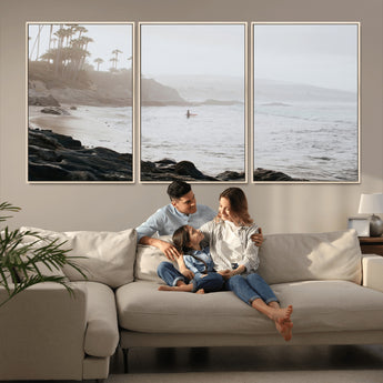 62501405-MGV-CV-36X24-Misty Beach Wall Art Canvas Print, Framed California Surfer Art Picture Print, Coastal Cliff Perfect Coastal Beach Decor Artwork