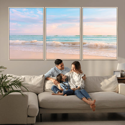 74679437-MGV-FC-60X30-3P_Natural-Pastel Ocean Wall Art Canvas Print, Framed Beach Waves Art Picture Print, Soft Sunset Perfect Pastel Coastal Decor Artwork