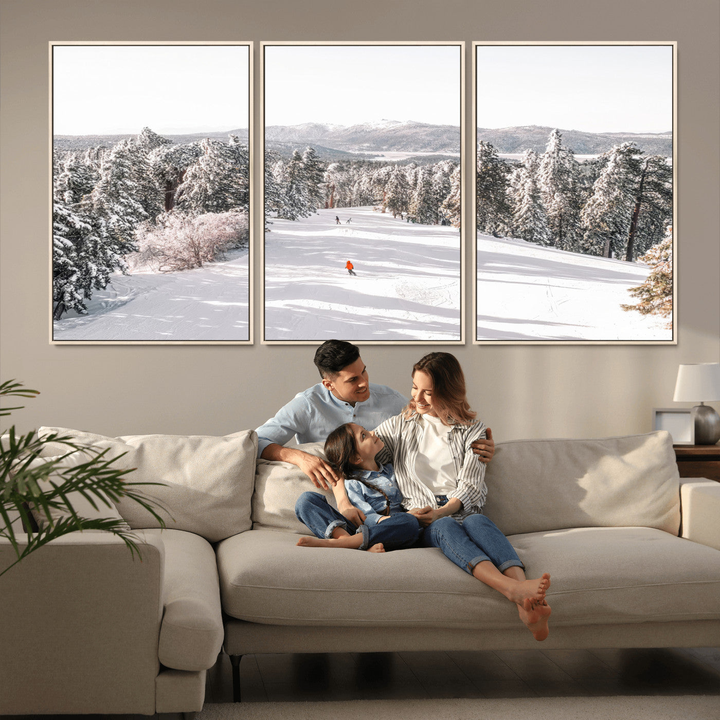 62119206-MGV-FC-60X30-3P_Natural-Snowy Trail Wall Art Canvas Print, Framed Ski Slope Art Picture Print, Winter Pines Perfect Alpine Adventure Decor Artwork