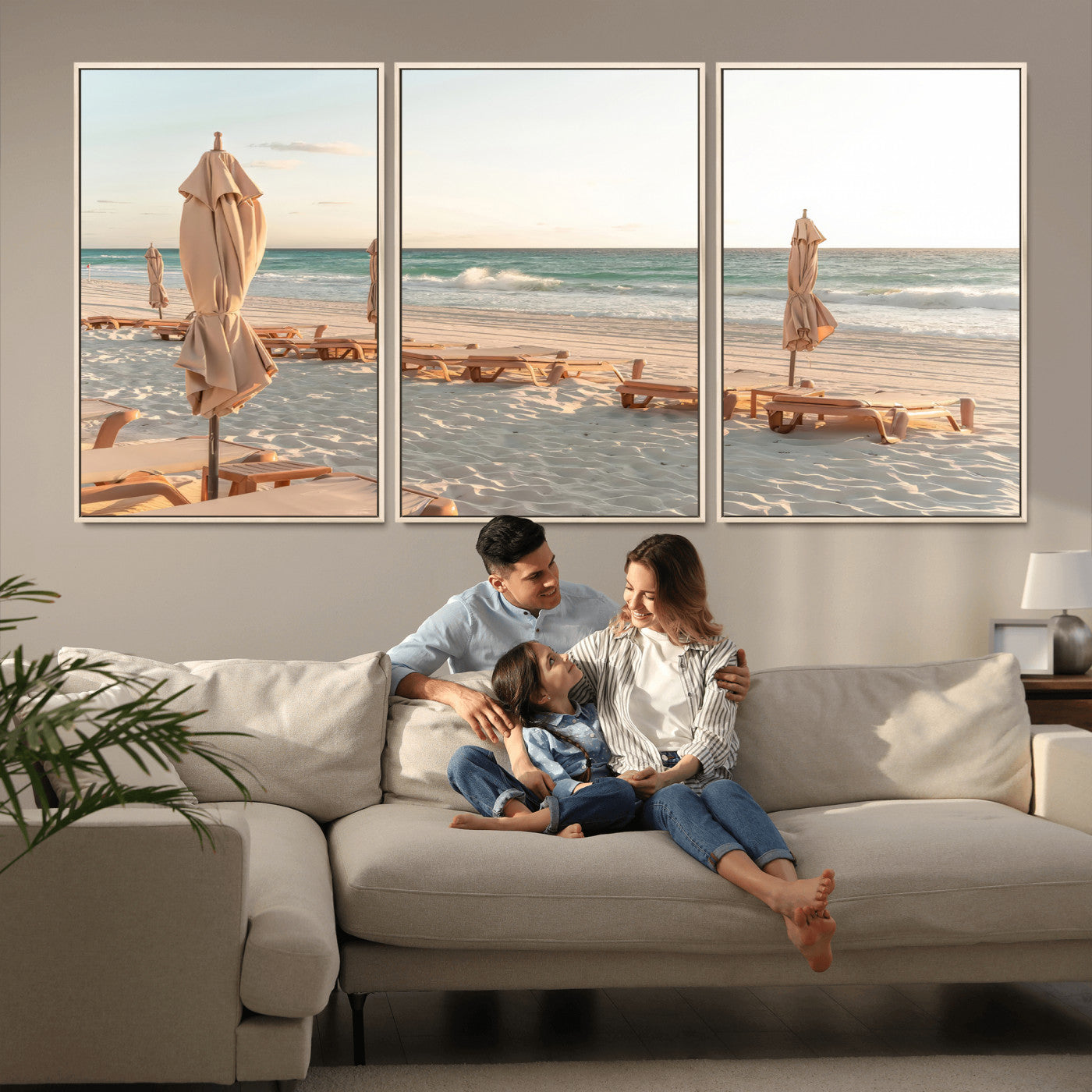 58507949-MGV-FC-60X30-3P_Natural-Beach Umbrellas Wall Art Canvas Print, Framed Empty Loungers Art Picture Print, Soft Sand Perfect Minimalist Seaside Decor Artwork