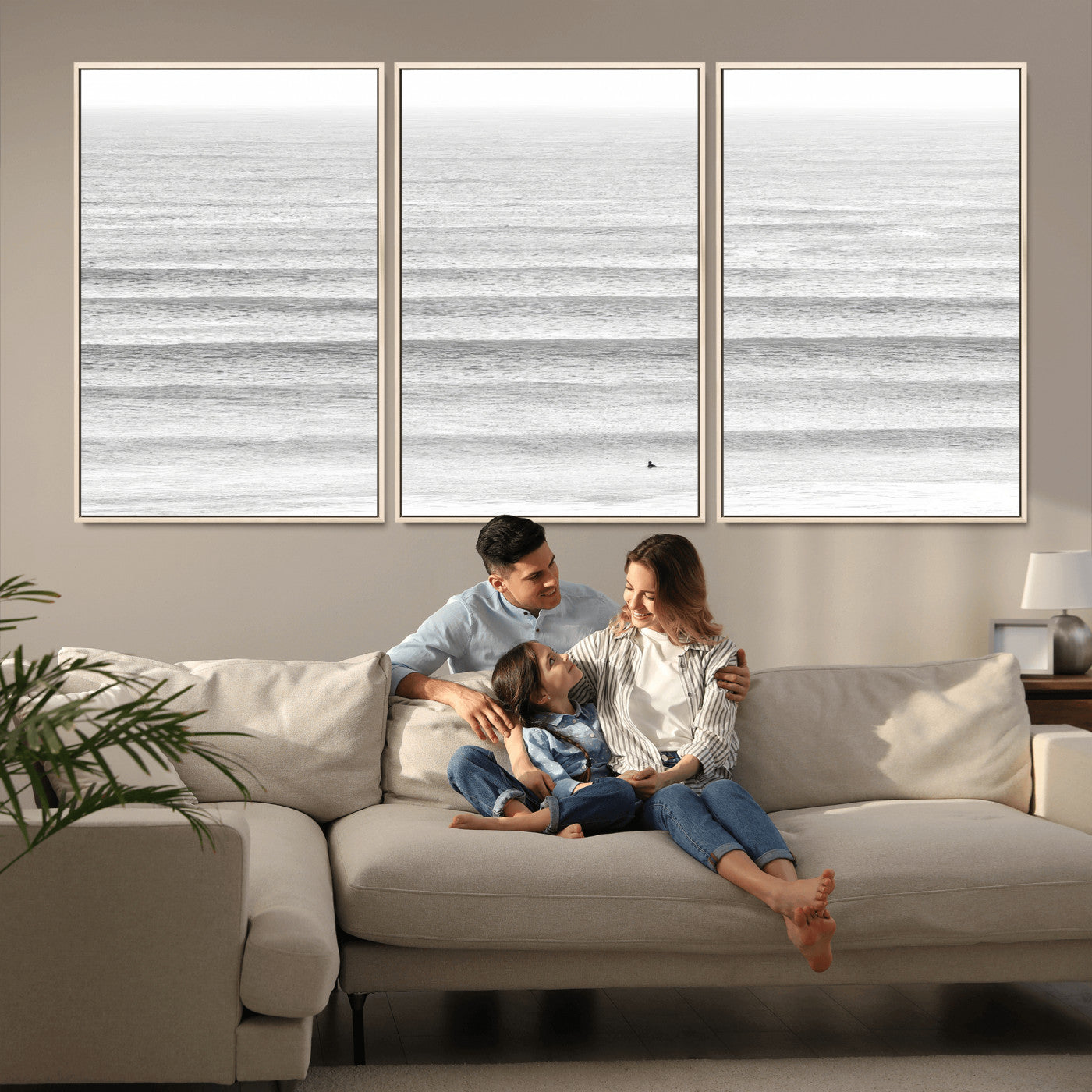 66534476-MGV-FC-60X30-3P_Natural-Lone Surfer Wall Art Canvas Print, Framed Ocean Waves Art Picture Print, Minimal Sea Perfect Minimal Coastal Decor Artwork