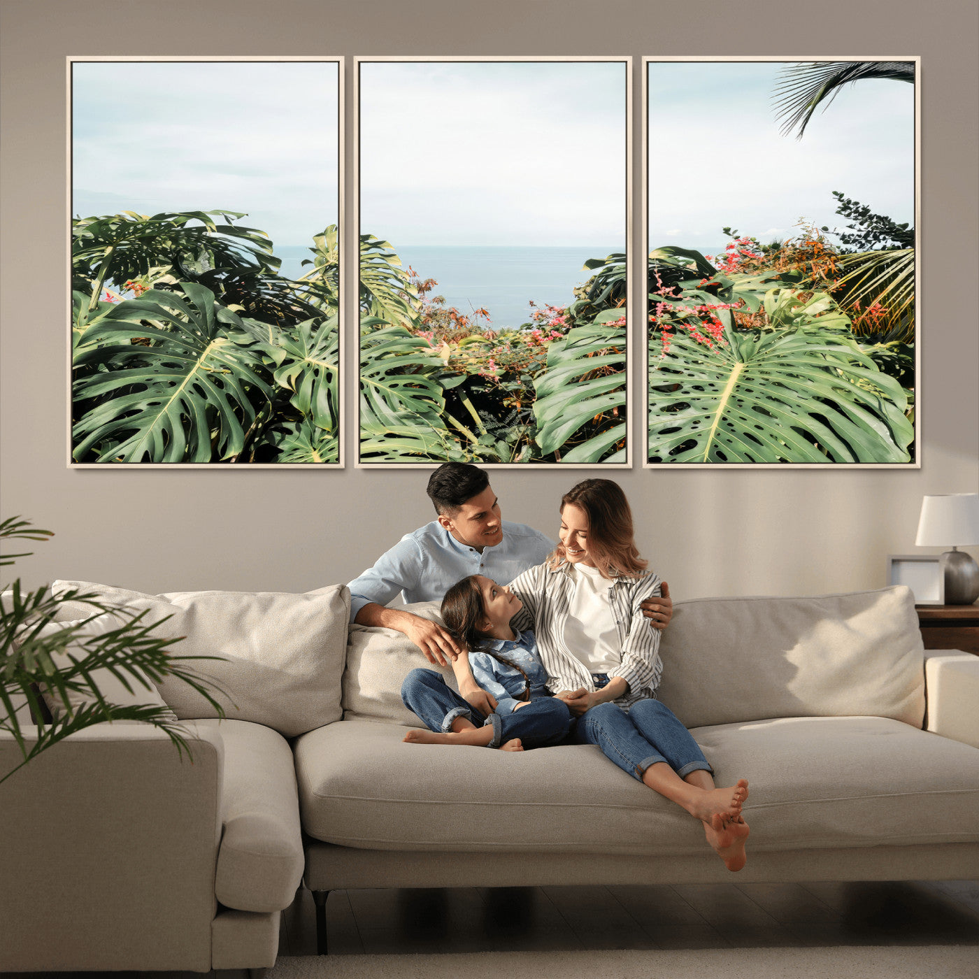 45700479-MGV-FC-60X30-3P_Natural-Monstera Leaves Wall Art Canvas Print, Framed Tropical Ocean Art Picture Print, Tropical Foliage Perfect Tropical Coastal Jungle