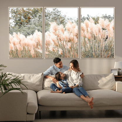 21826392-MGV-FC-60X30-3P_Natural-Pampas Grass Wall Art Canvas Print, Framed Soft Pampas Art Picture Print, Pastel Grasses Perfect Soft Neutral Boho Decor Artwork