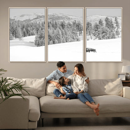 68081143-MGV-FC-60X30-3P_Natural-Snowy Bison Wall Art Canvas Print, Framed Winter Forest Art Picture Print, Lone Bison Perfect Monochrome Winter Wild Decor Artwork