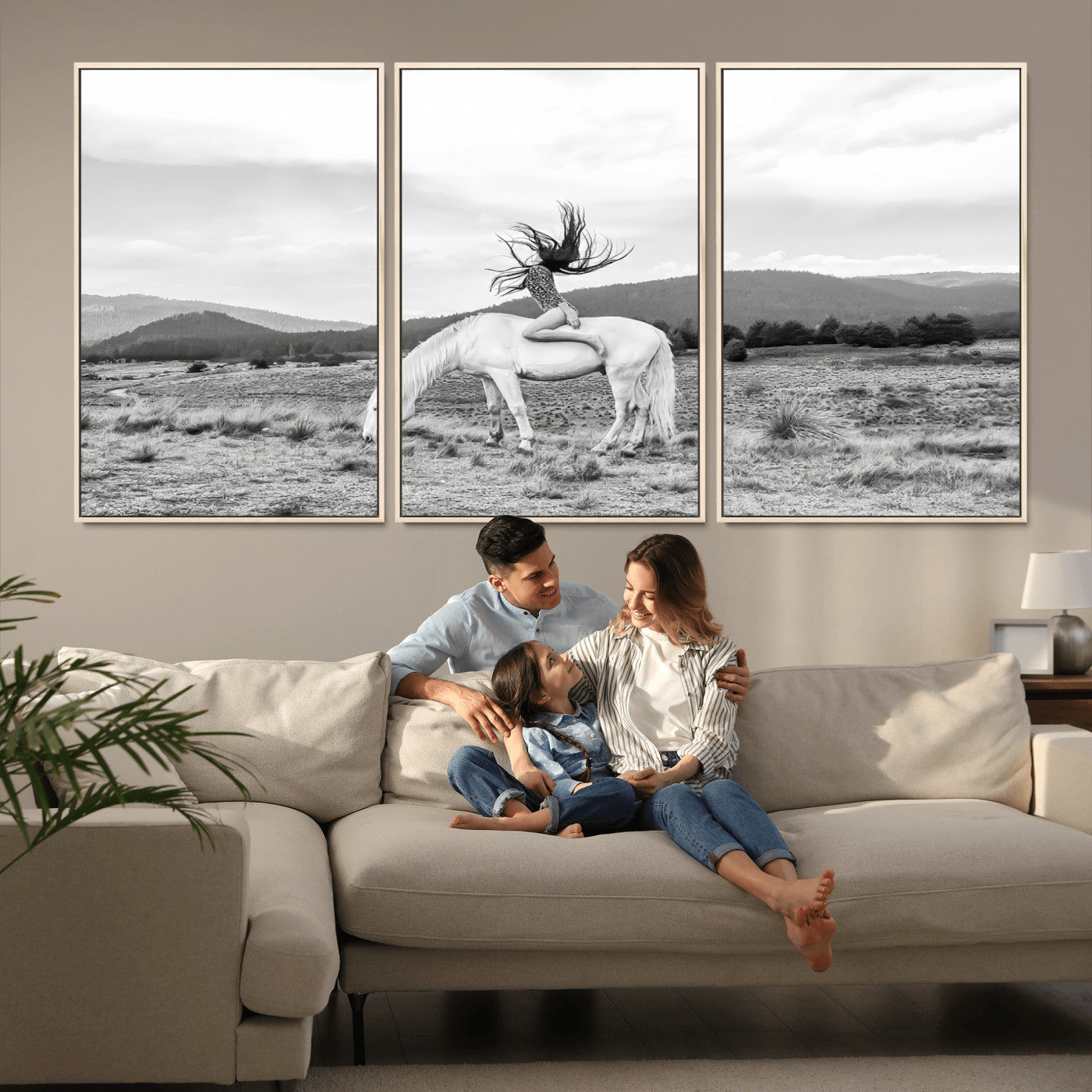 62789800-MGV-CV-36X24-White Horse Wall Art Canvas Print, Framed Woman Rider Art Picture Print, Equestrian Pose Perfect Western Boho Decor Artwork