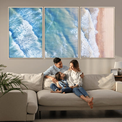 17641845-MGV-FC-60X30-3P_Natural-Aerial Ocean Wall Art Canvas Print, Framed Blue Waves Art Picture Print, Sandy Shoreline Perfect Modern Coastal Decor Artwork