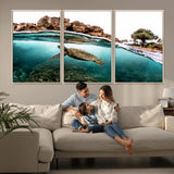 44200301-MGV-FC-60X30-3P_Natural-Sea Turtle Swim Wall Art Canvas Print, Framed Ocean Life Art Picture Print, Tropical Shoreline Perfect Tropical Coastal Decor