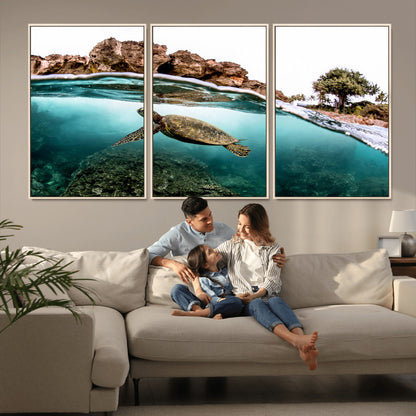 44200301-MGV-FC-60X30-3P_Natural-Sea Turtle Swim Wall Art Canvas Print, Framed Ocean Life Art Picture Print, Tropical Shoreline Perfect Tropical Coastal Decor