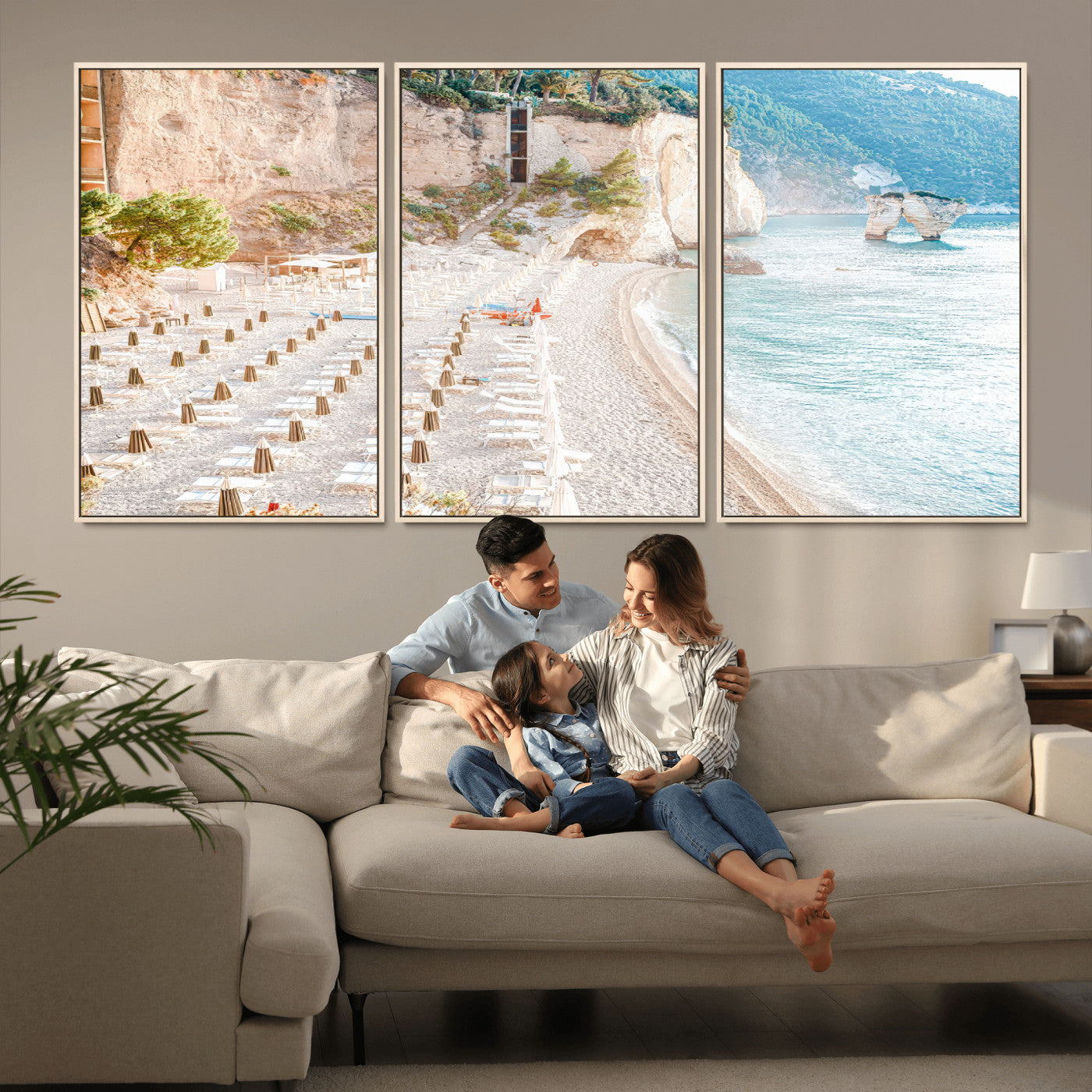 84816639-MGV-FC-60X30-3P_Natural-Mediterranean Beach Wall Art Canvas Print, Framed Airy Coastal Art Picture Print, Summer Shore Perfect Coastal Retreat Decor