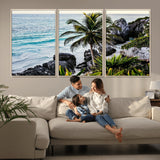 94669907-MGV-FC-60X30-3P_Natural-Tropical Coastline Wall Art Canvas Print, Framed Palm Tree Art Picture Print, Rocky Beach Perfect Tropical Coastal Decor Artwork