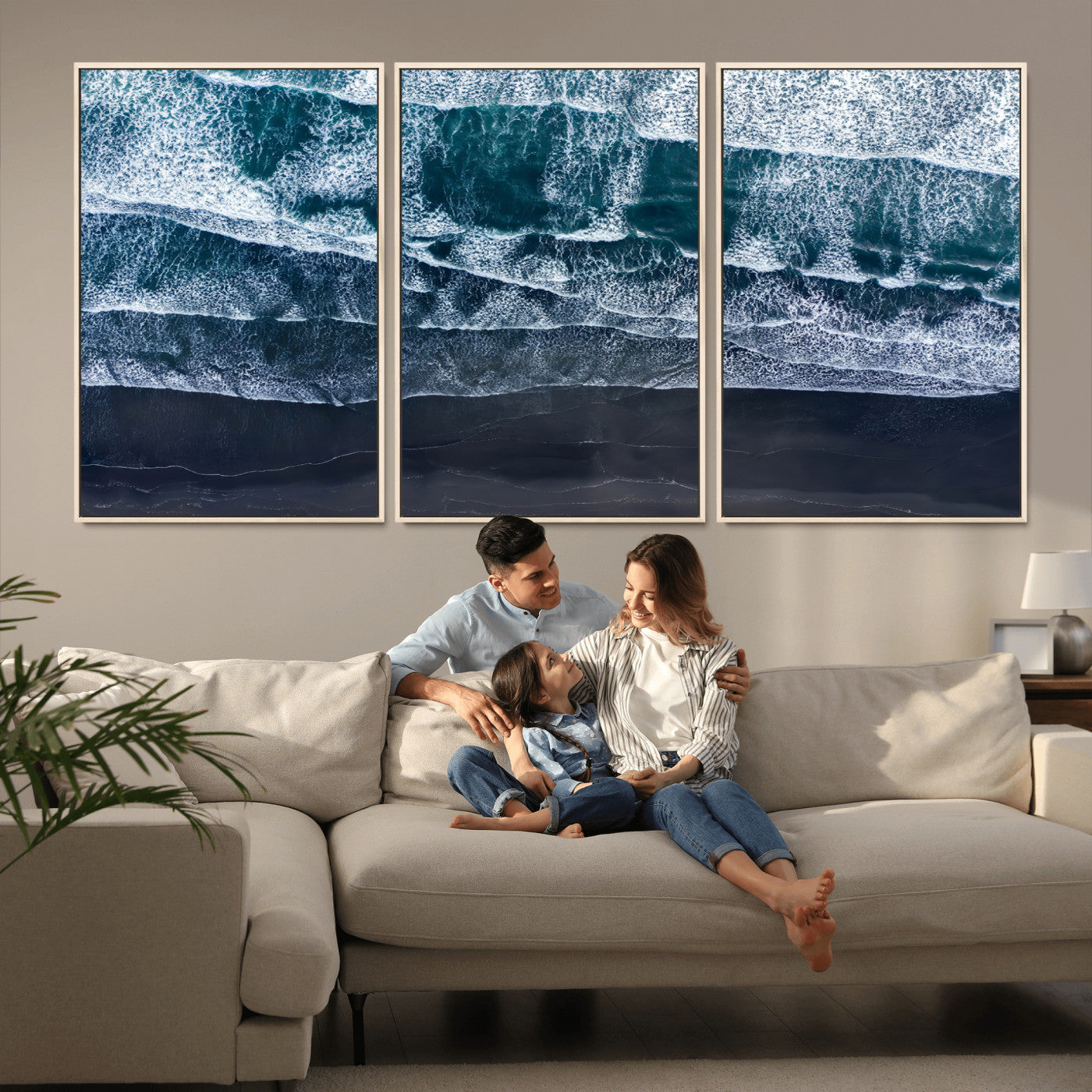 87941475-MGV-FC-60X30-3P_Natural-Black Beach Wall Art Canvas Print, Framed Aerial Ocean Art Picture Print, Moody Coastal Perfect Modern Coastal Decor Artwork