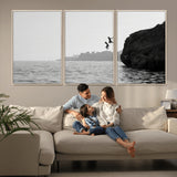 52284302-MGV-FC-60X30-3P_Natural-Cliff Jumping Wall Art Canvas Print, Framed Ocean Adventure Art Picture Print, Black White Coast Perfect Modern Coastal Decor